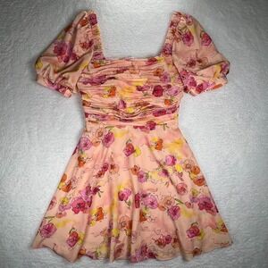 AMUR Floral Puff Sleeve Mini Dress Womens Size 4 Peach Pink NWT